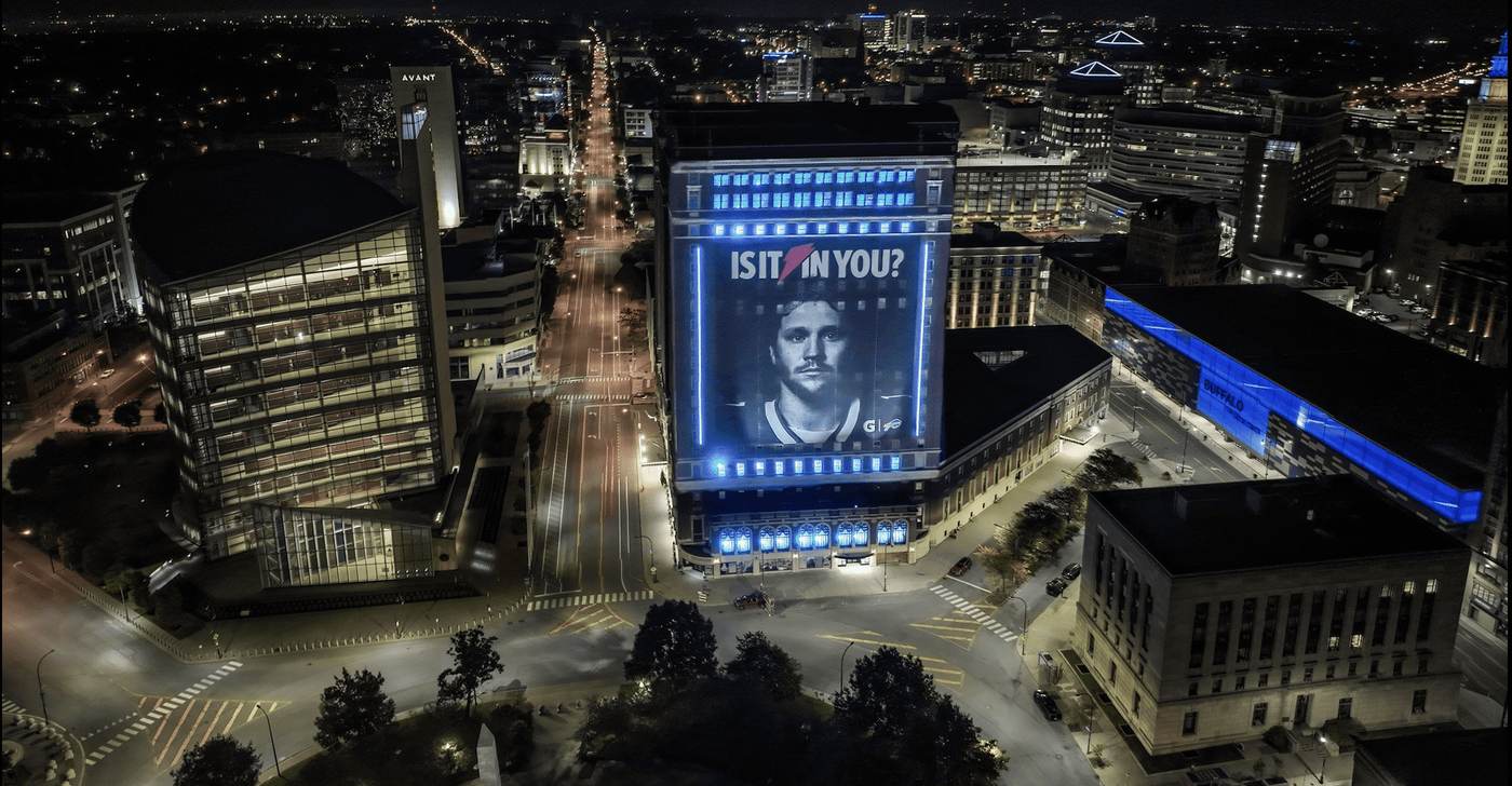 Josh Allen × Gatorade 'Is It In You?' billboard projection on the Statler Hotel in downtown Buffalo at night